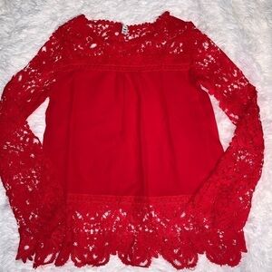 Oioninos Boho Crochet Lace Sleeve Shirt Red S M